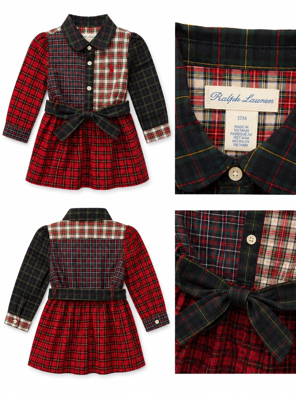 Ralph Lauren Girls' Multicolor Plaid Belted Shirt Dress 12 Months